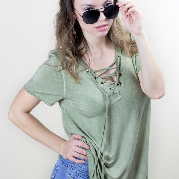 Surprise_Dlight Tops - SOLD!!!! Becca Mineral Wash Green Lace-Up Tee